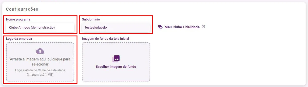 Tela Configurações Fidelidade, com nome do programa, subdomínio e logo