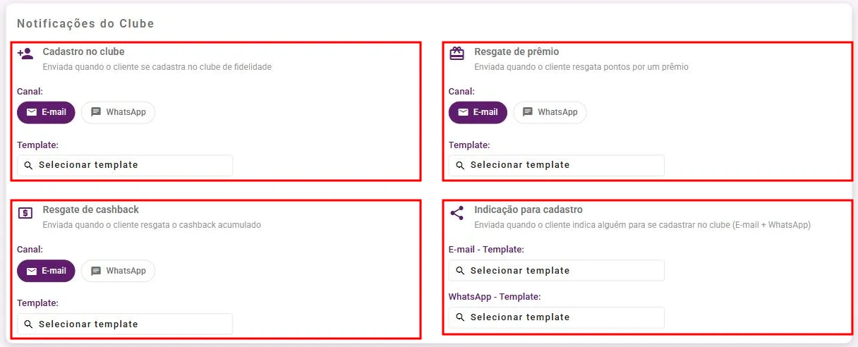 Bloco Notificações do Clube com os quatro eventos