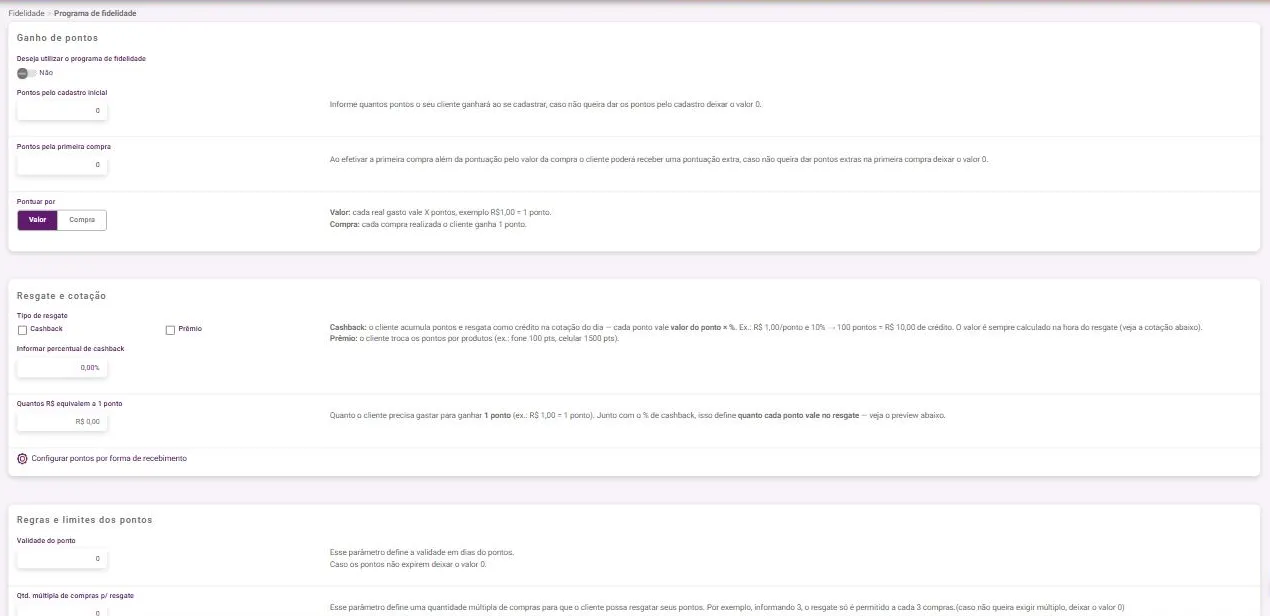 Tela Programa de fidelidade com os três blocos
