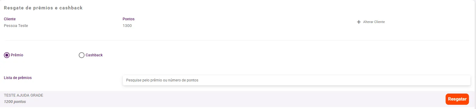 Tela de resgate com o saldo de pontos do cliente e a lista de prêmios