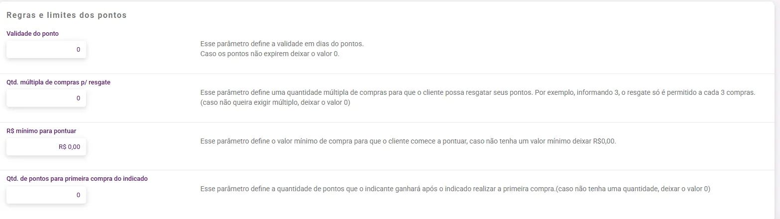 Bloco Regras e limites dos pontos