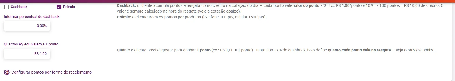 Link Configurar pontos por forma de recebimento