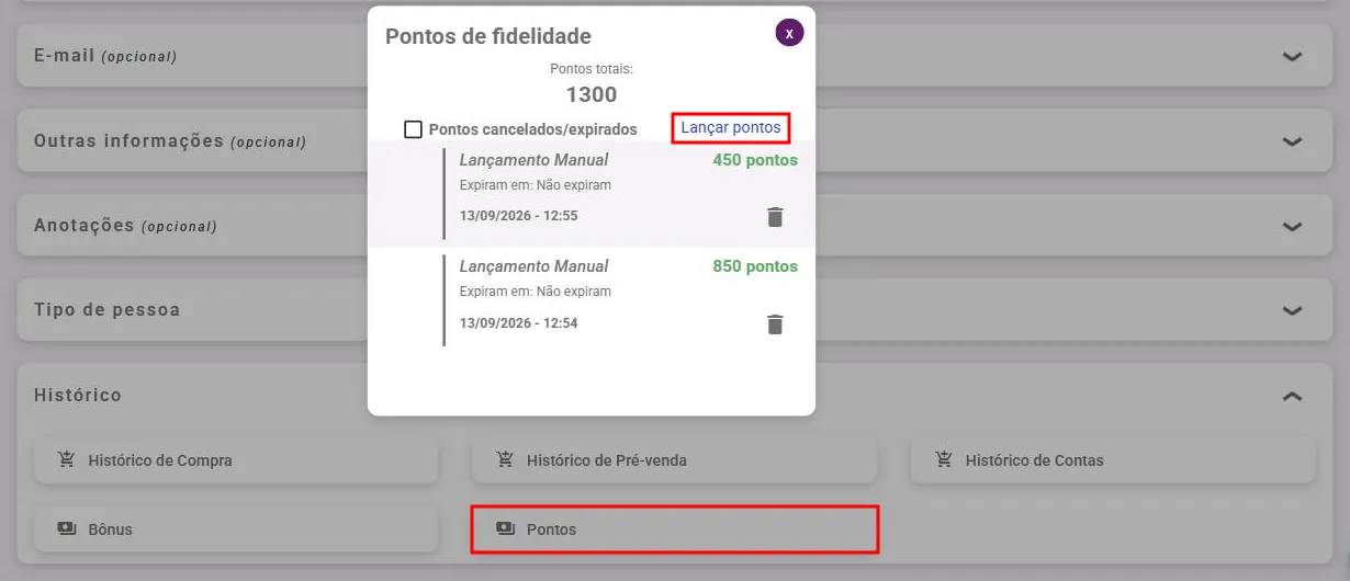 Cadastro do cliente, painel Histórico, aba Pontos