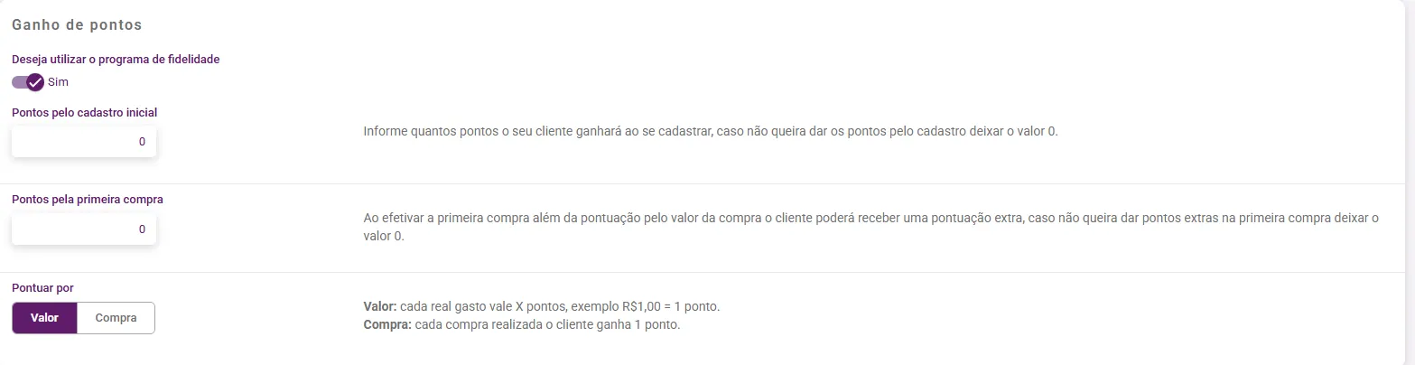 Bloco Ganho de pontos com a opção Pontuar por valor ou por compra