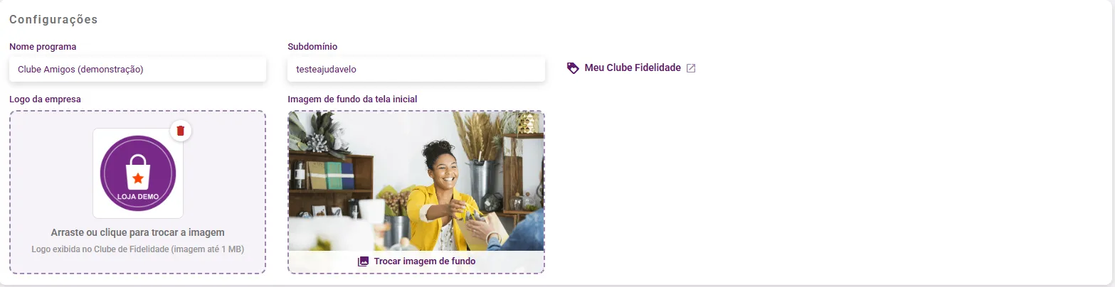 Bloco de configurações do clube com logo e imagem de fundo