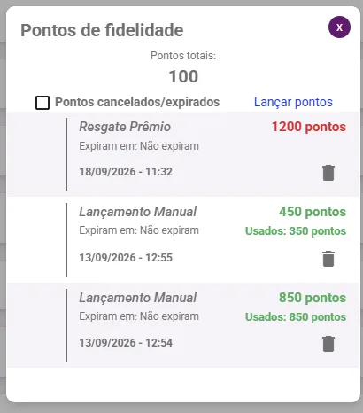 Janela Pontos de fidelidade com os lançamentos e o saldo do cliente