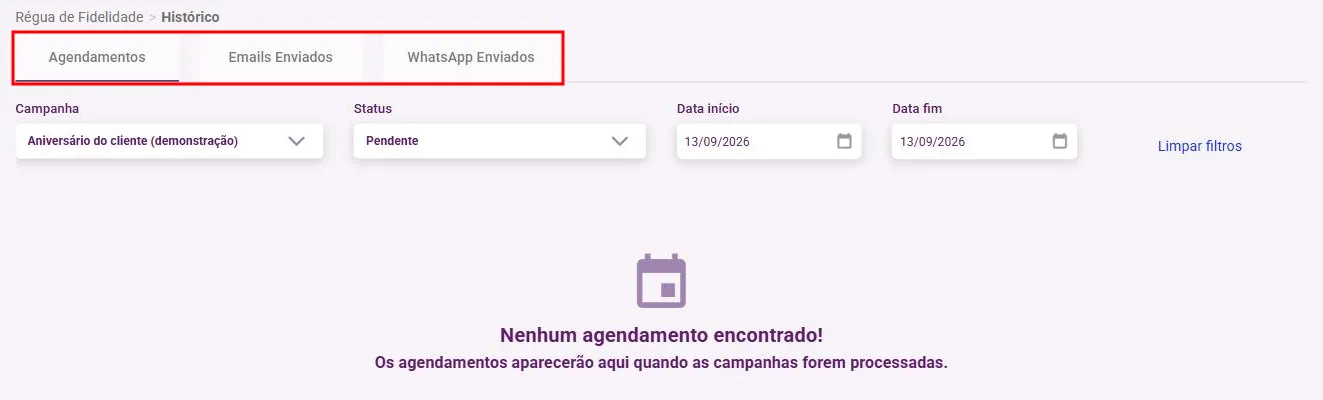 Tela de Histórico com as três abas