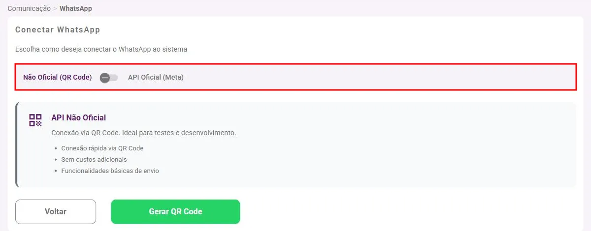 Tela Conectar WhatsApp com as duas opções