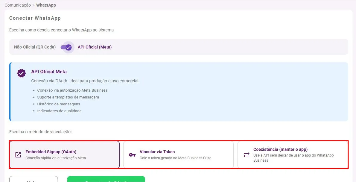 Cartão API Oficial Meta com os três métodos de vinculação