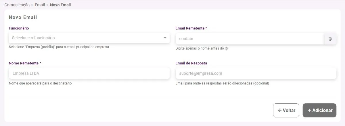 Formulário Novo Email com os quatro campos