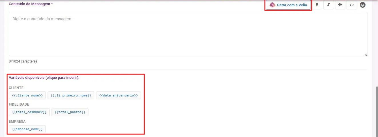 Editor do template com o bloco de variáveis e o botão Gerar com a VelIA