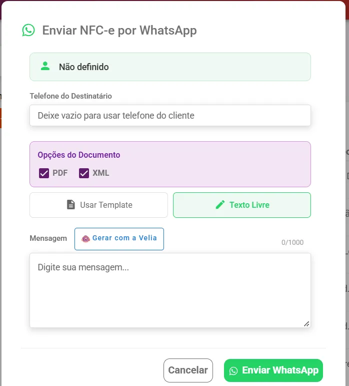 Janela de envio na aba Texto Livre, com Opções do Documento e o botão Gerar com a Velia