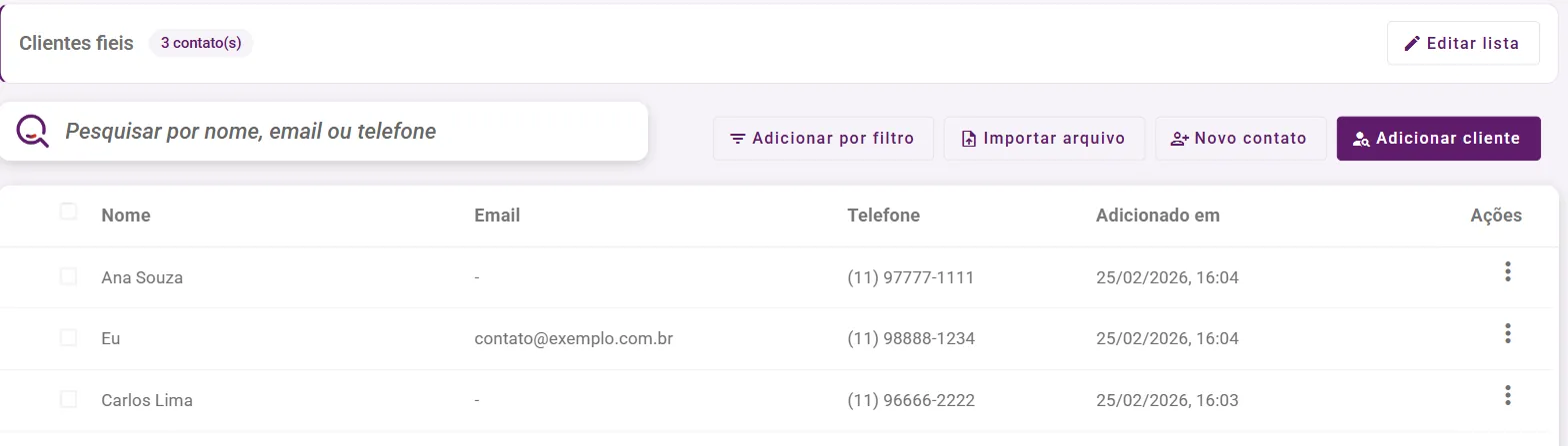 Tela de contatos da lista com os botões Adicionar por filtro, Importar arquivo, Novo contato e Adicionar cliente
