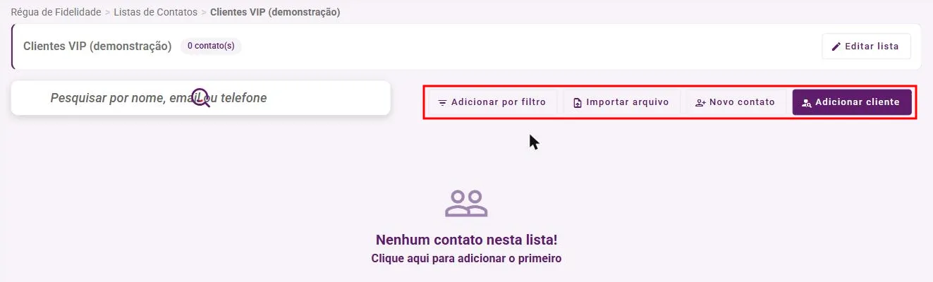 Tela da lista com os quatro botões