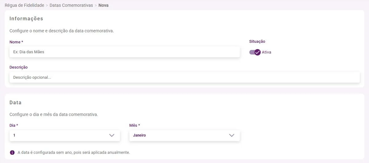 Formulário Nova data com os painéis Informações e Data