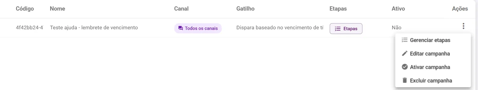 Menu de ações da campanha de cobrança, onde o item alterna entre Ativar e Desativar conforme a coluna Ativo