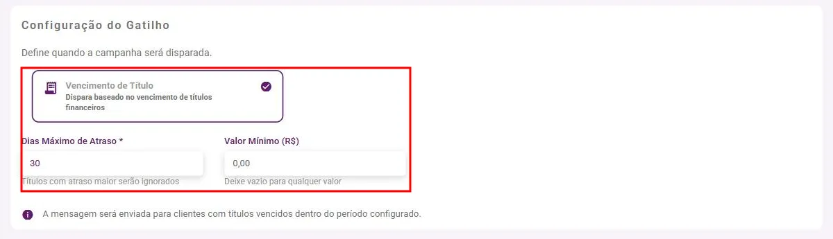 Configuração do gatilho Vencimento de Título