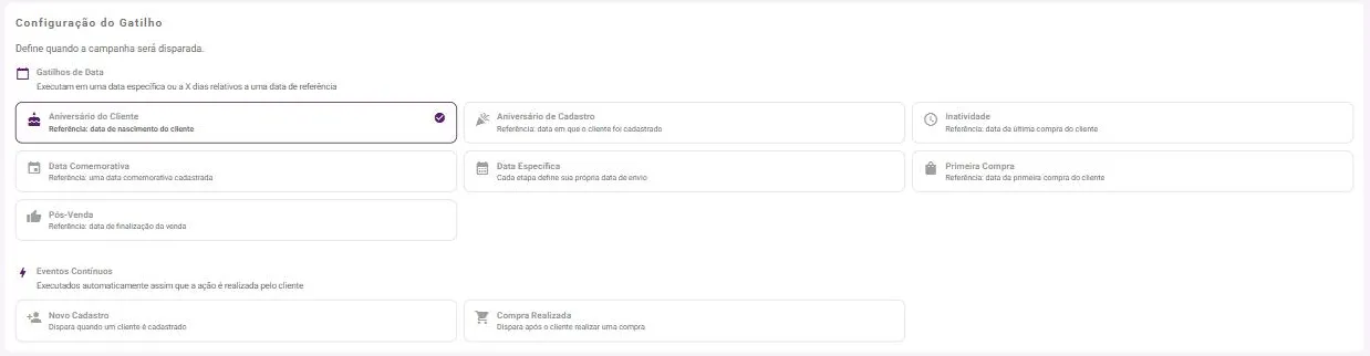 Bloco Configuração do Gatilho com os gatilhos de data e os eventos contínuos