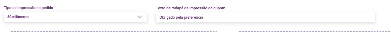 Campo do texto de rodapé do cupom, ao lado do tipo de impressão