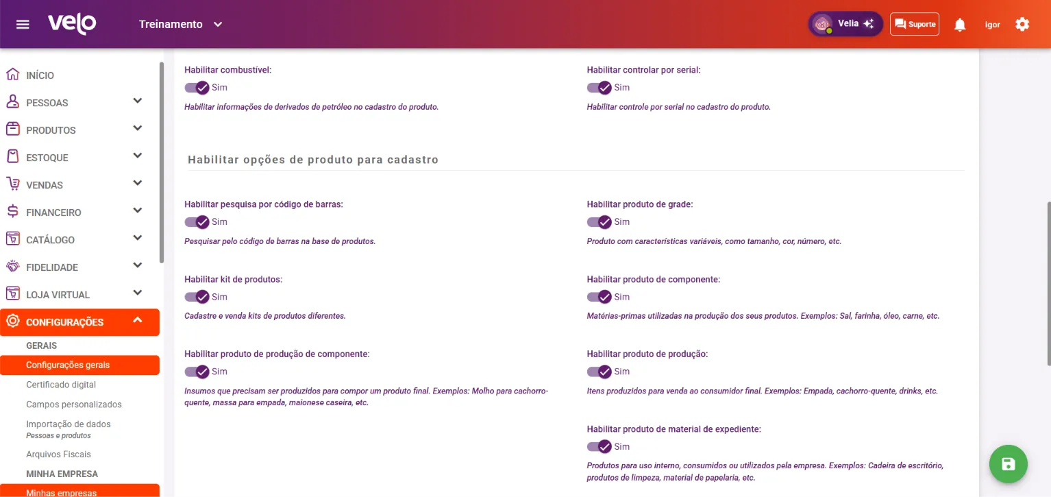Bloco Habilitar opções de produto para cadastro, com as chaves de tipo de produto