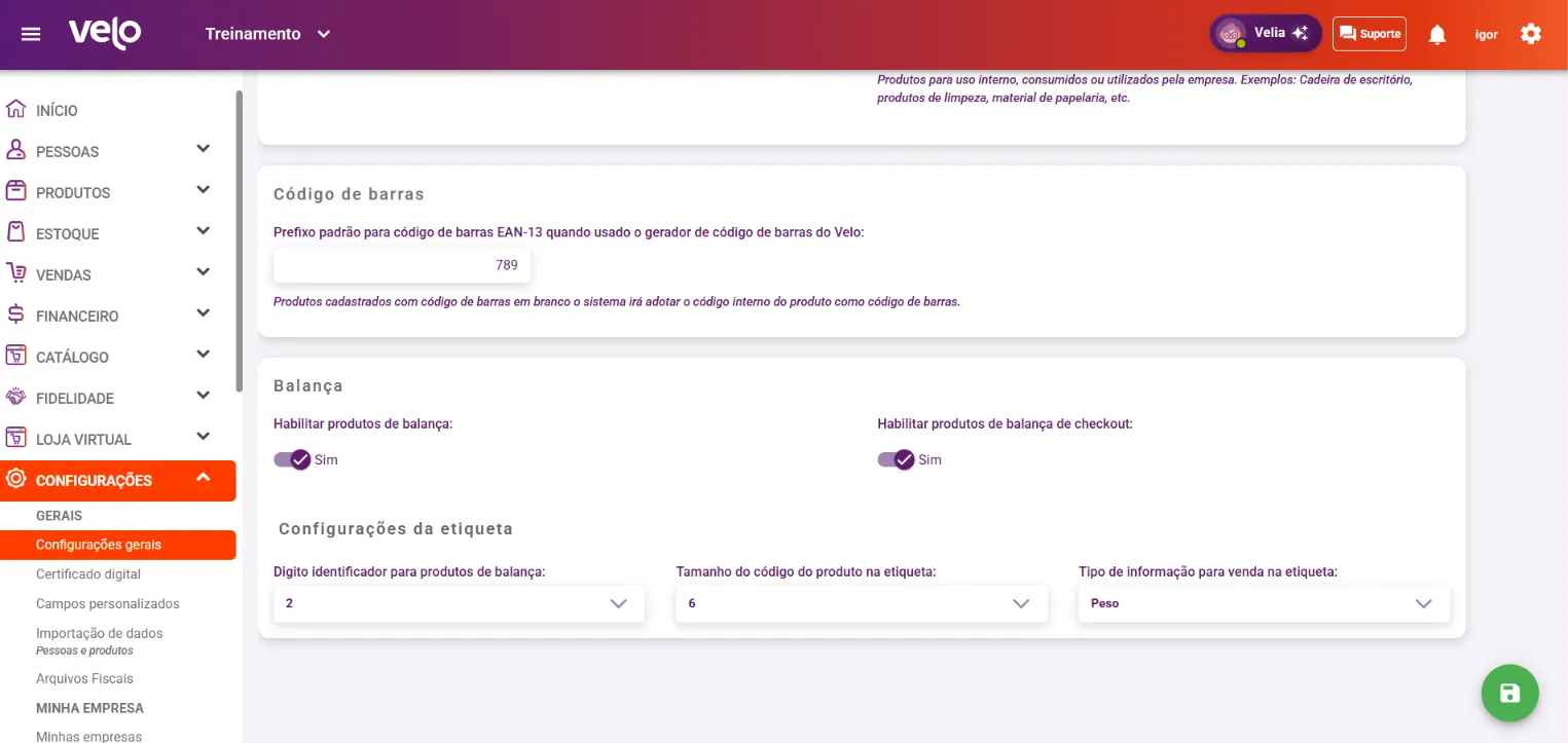 Bloco Balança no fim da aba Produtos, com as duas chaves e as Configurações da etiqueta