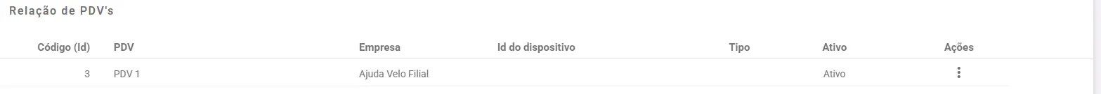 Relação de PDVs nas configurações