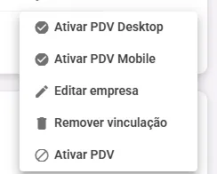 Menu de ações do PDV com a opção Remover vinculação