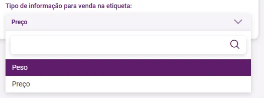 Opções Peso e Preço do tipo de informação