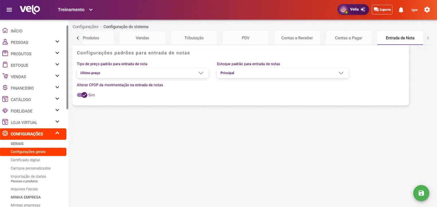 Aba Entrada de Nota com o bloco Configurações padrões para entrada de notas
