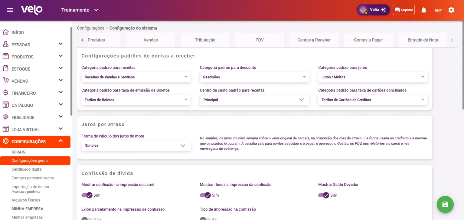 Bloco Configurações padrões de contas a receber com as categorias preenchidas