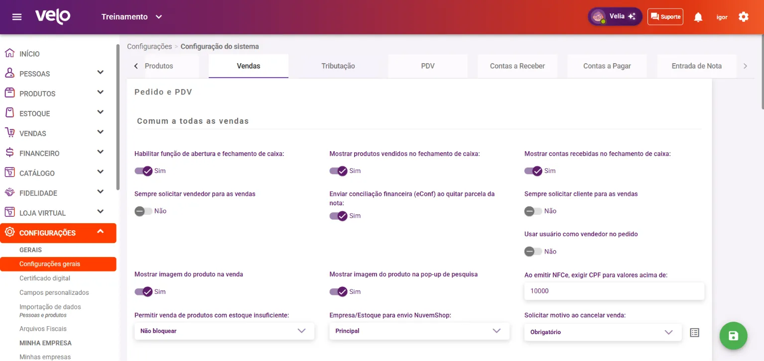 Aba Vendas com o card Pedido e PDV, bloco Comum a todas as vendas