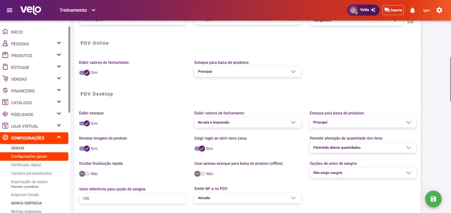 Bloco PDV Desktop com a lista Exibir valores de fechamento aberta