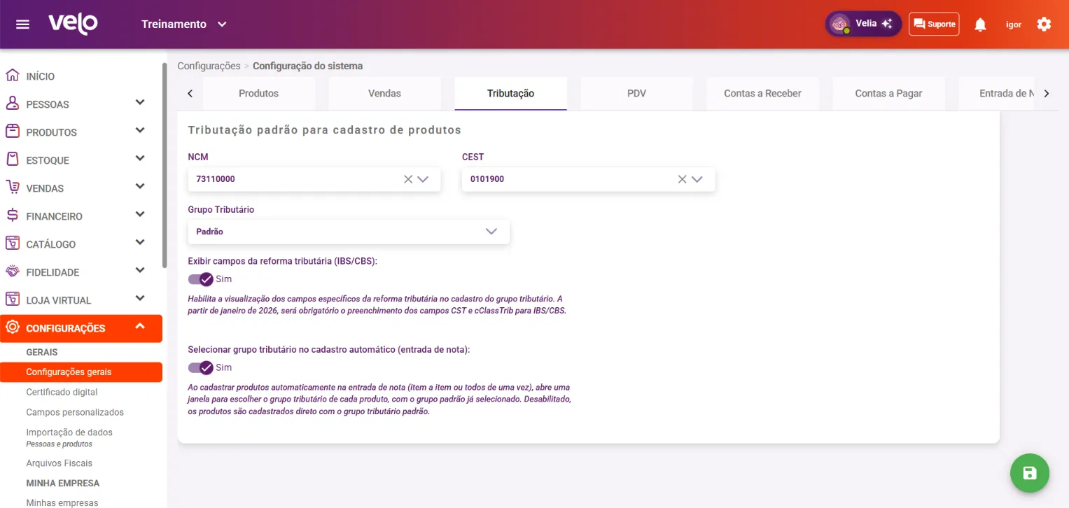 Aba Tributação com o bloco Tributação padrão para cadastro de produtos