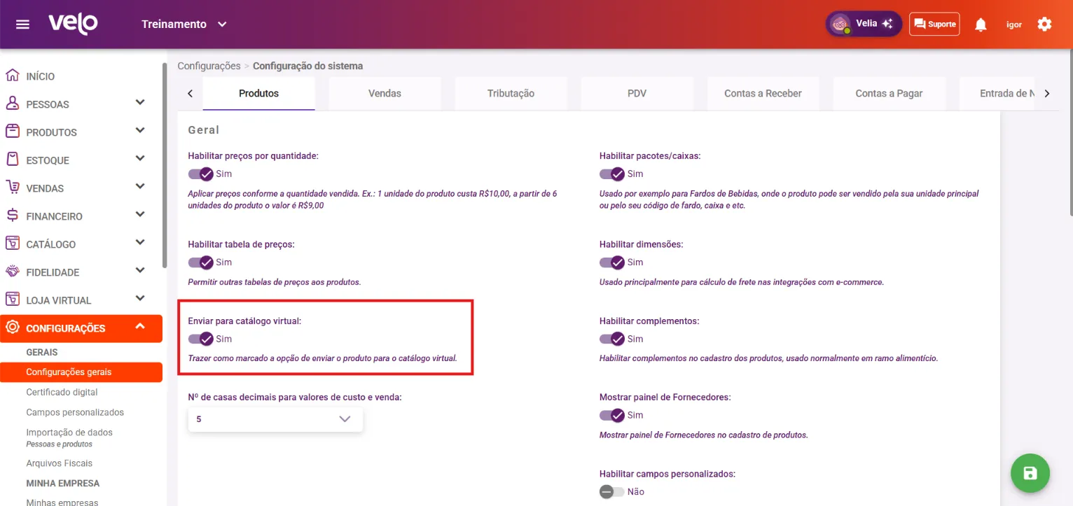 Aba Produtos com a opção Enviar para catálogo virtual ligada