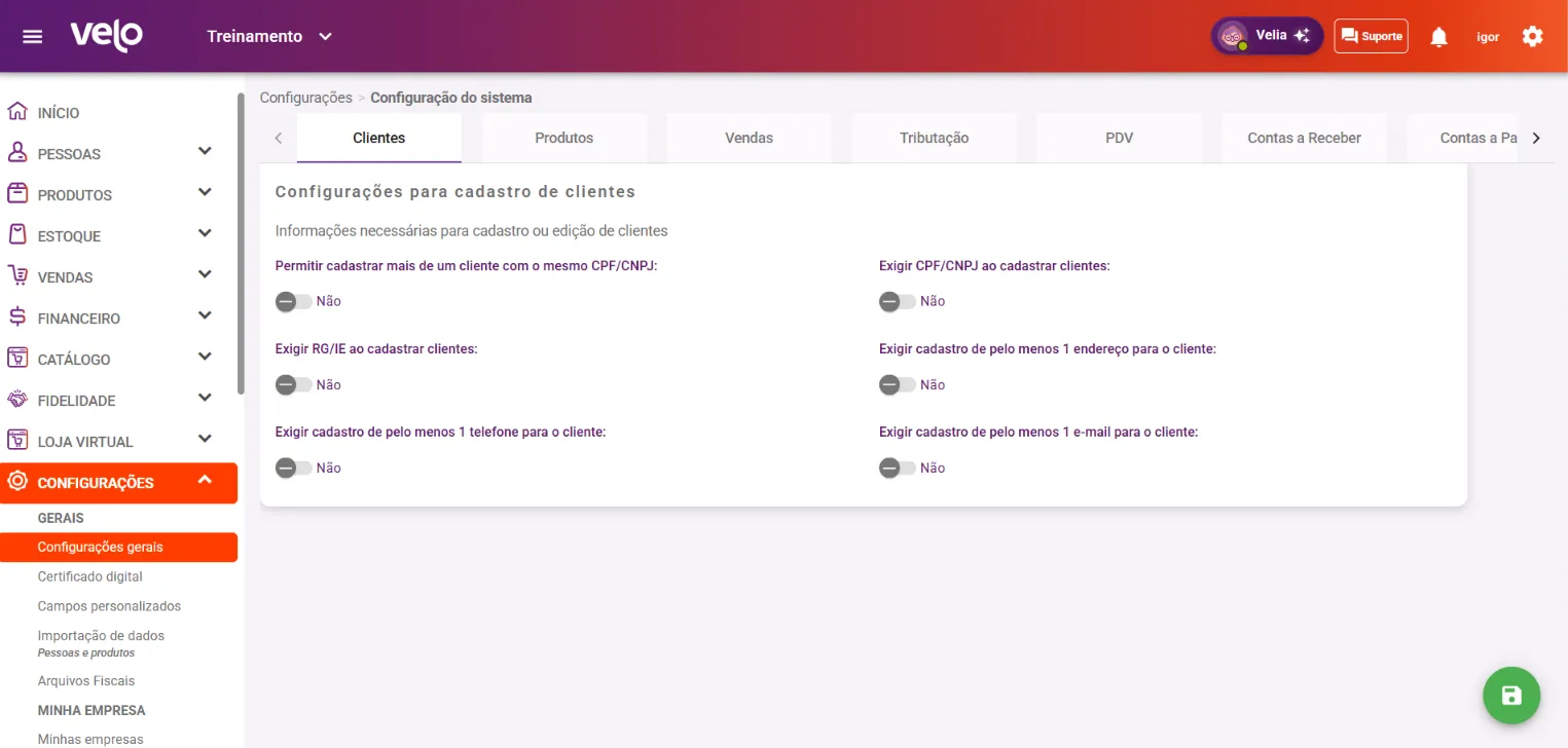 Aba Clientes com o bloco Configurações para cadastro de clientes