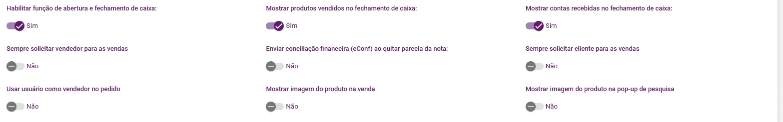 Chaves de abertura e fechamento de caixa nas configurações de vendas