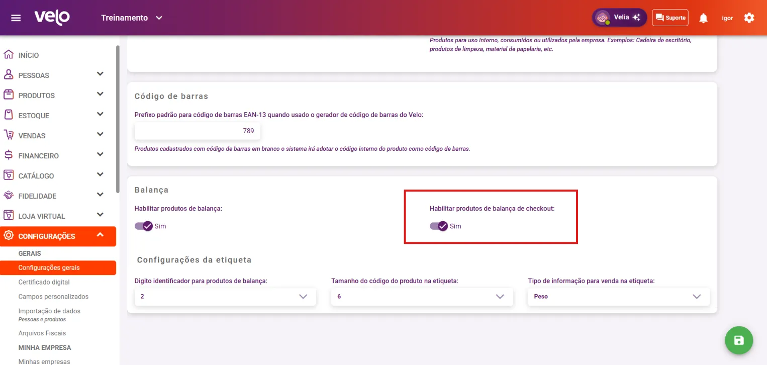 Aba Produtos com a opção Habilitar produtos de balança de checkout ligada