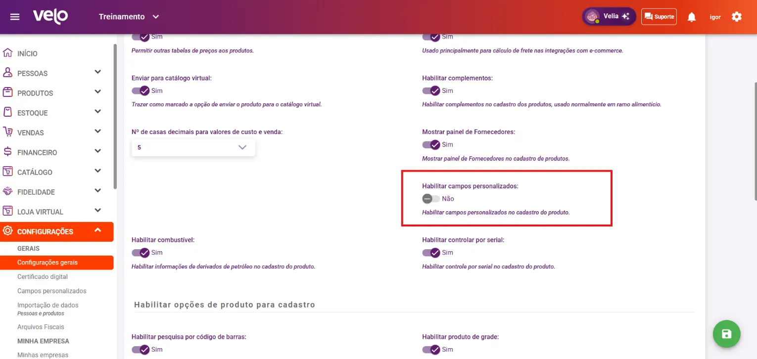 Aba Produtos com a opção Habilitar campos personalizados ligada