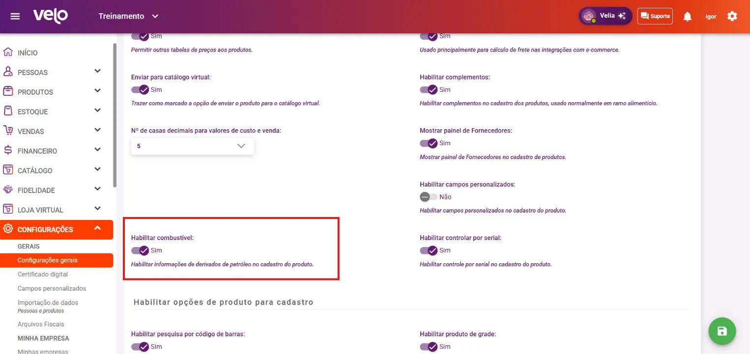 Aba Produtos com a opção Habilitar combustível ligada