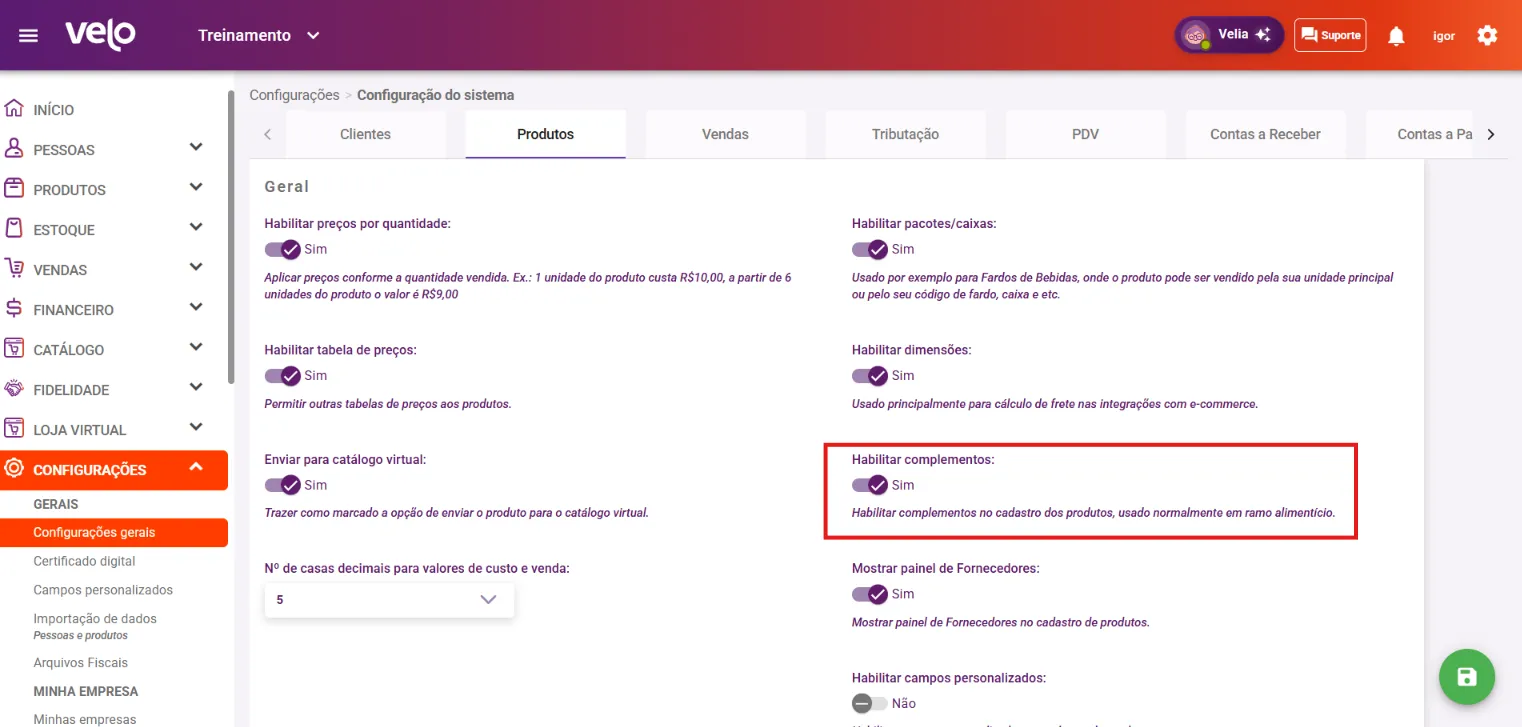 Aba Produtos com a opção Habilitar complementos ligada
