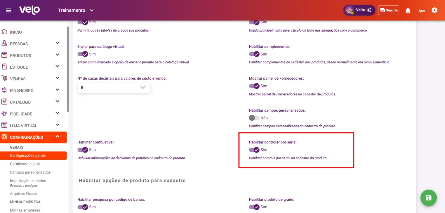 Aba Produtos com a opção Habilitar controlar por serial ligada