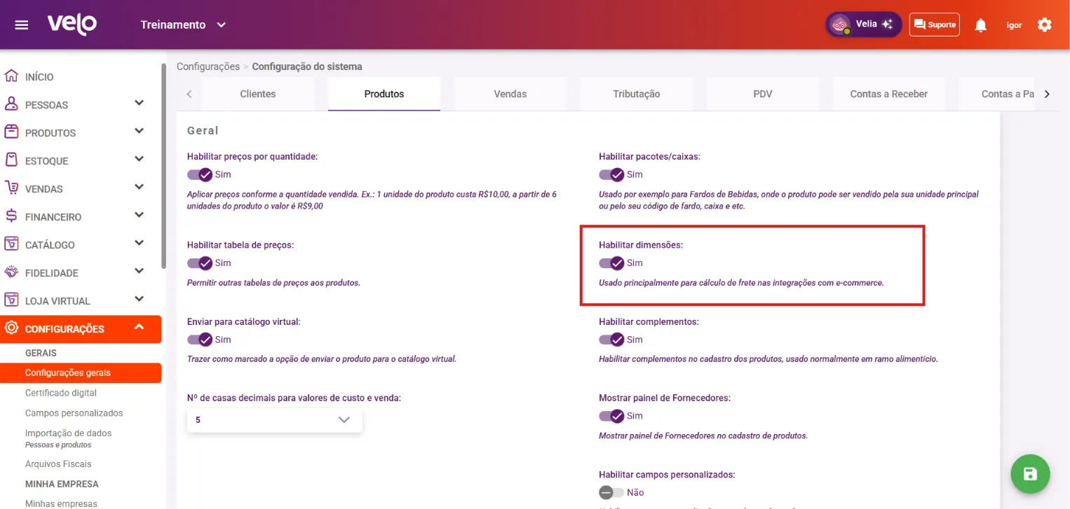 Aba Produtos com a opção Habilitar dimensões ligada