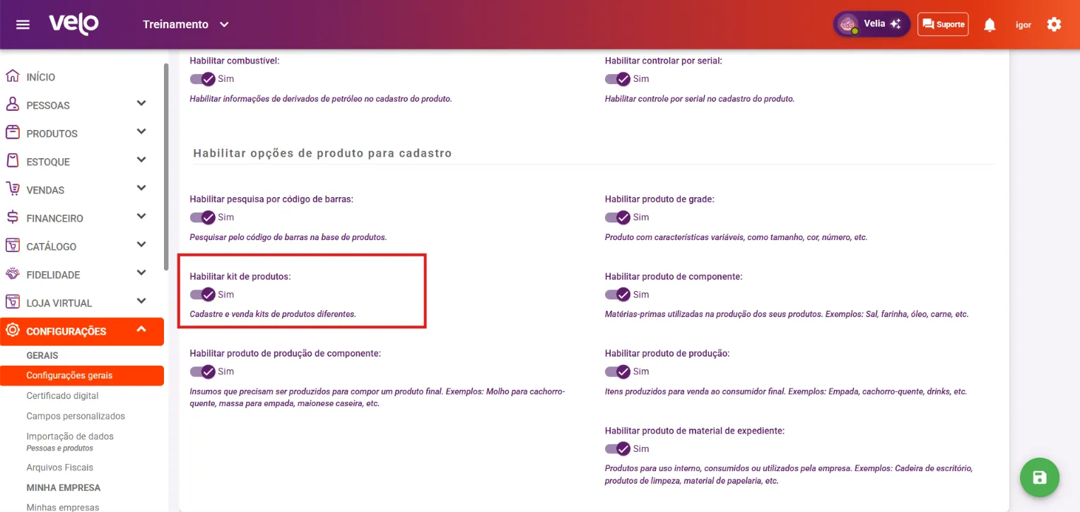Aba Produtos com a opção Habilitar kit de produtos ligada
