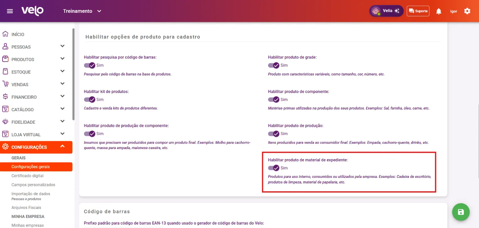 Aba Produtos com a opção Habilitar produto de material de expediente ligada