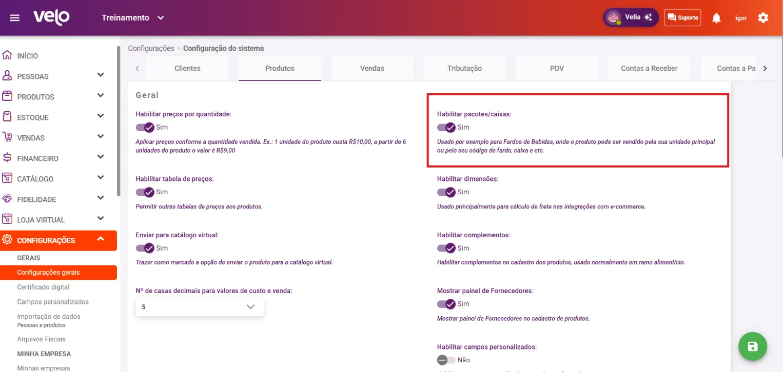 Aba Produtos com a opção Habilitar pacotes/caixas ligada