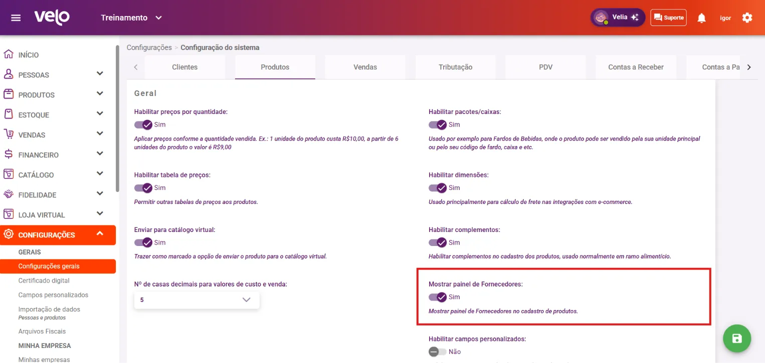 Aba Produtos com a opção Mostrar painel de Fornecedores ligada