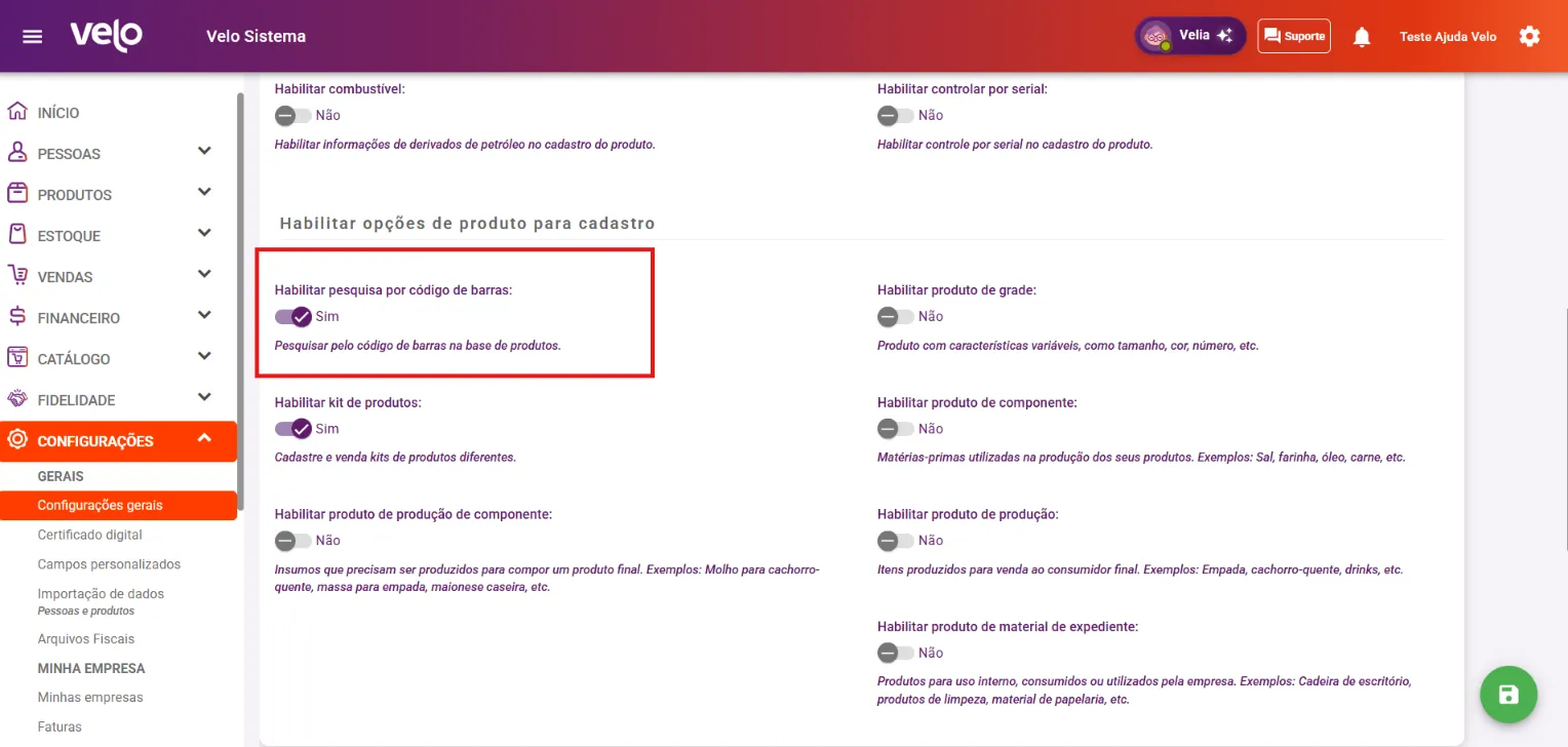 Aba Produtos com a opção Habilitar pesquisa por código de barras ligada