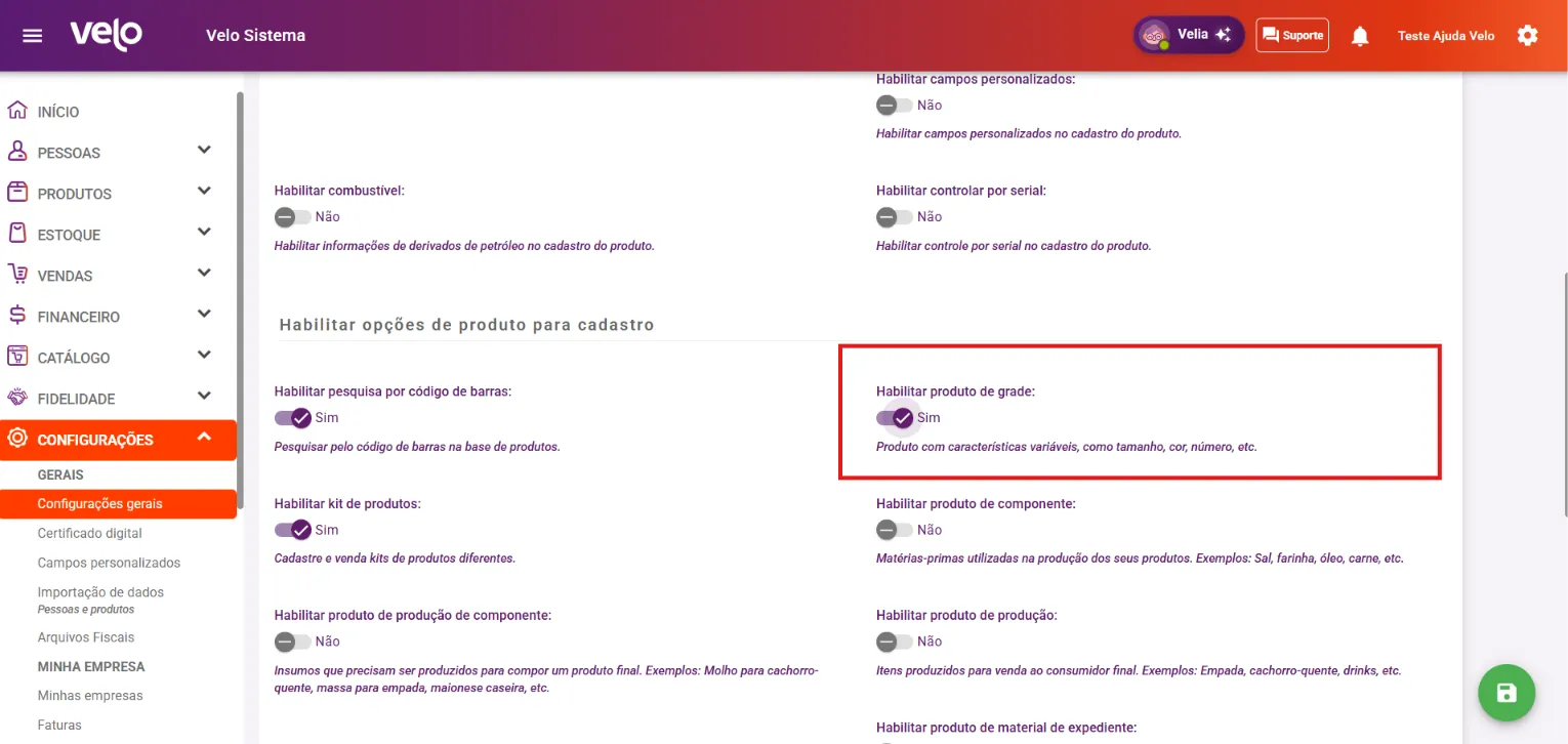Aba Produtos com a opção Habilitar produto de grade ligada