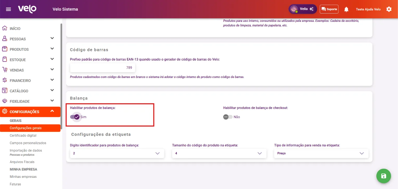 Aba Produtos com a opção Habilitar produtos de balança ligada