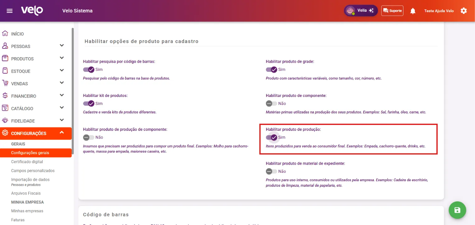 Aba Produtos com as três opções de produção no bloco Habilitar opções de produto para cadastro